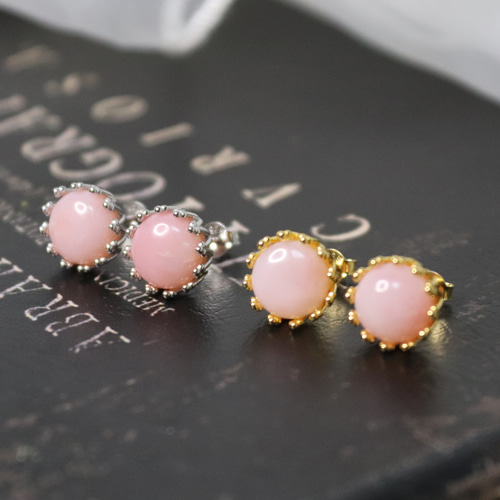 S925製 18KGP ピンクオパール 8mm 天然石 クラウンデザイン ピアス  