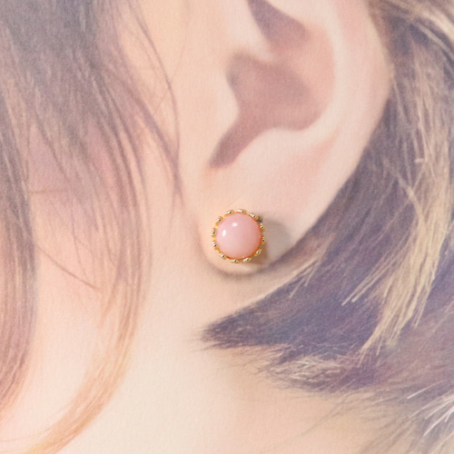 S925製 18KGP ピンクオパール 8mm 天然石 クラウンデザイン ピアス  
