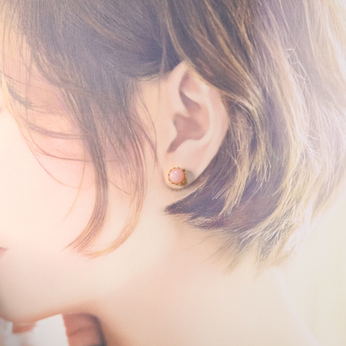 S925製 18KGP ピンクオパール 8mm 天然石 クラウンデザイン ピアス  