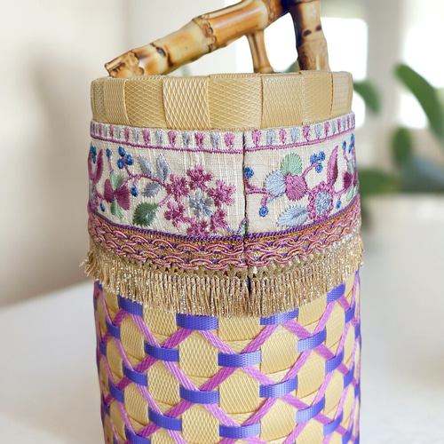 A4サイズOK: 大人のカゴバッグ【インド刺繍×PPバンド】バンブー