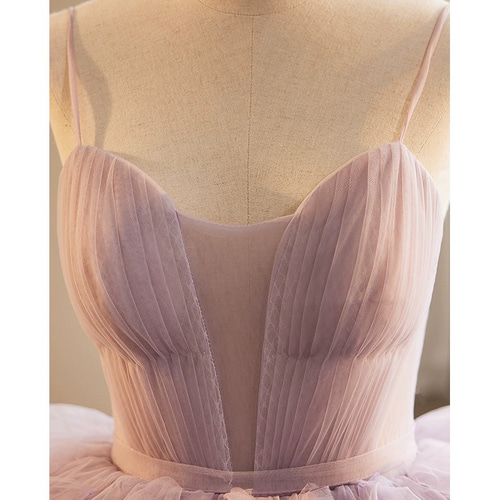 チュールドレス パステルピンク スパゲッティストラップ フリル