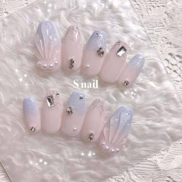 No.322 ネイルチップ 水色 白 バカラ キラキラ マグネット 星 夏 韓国