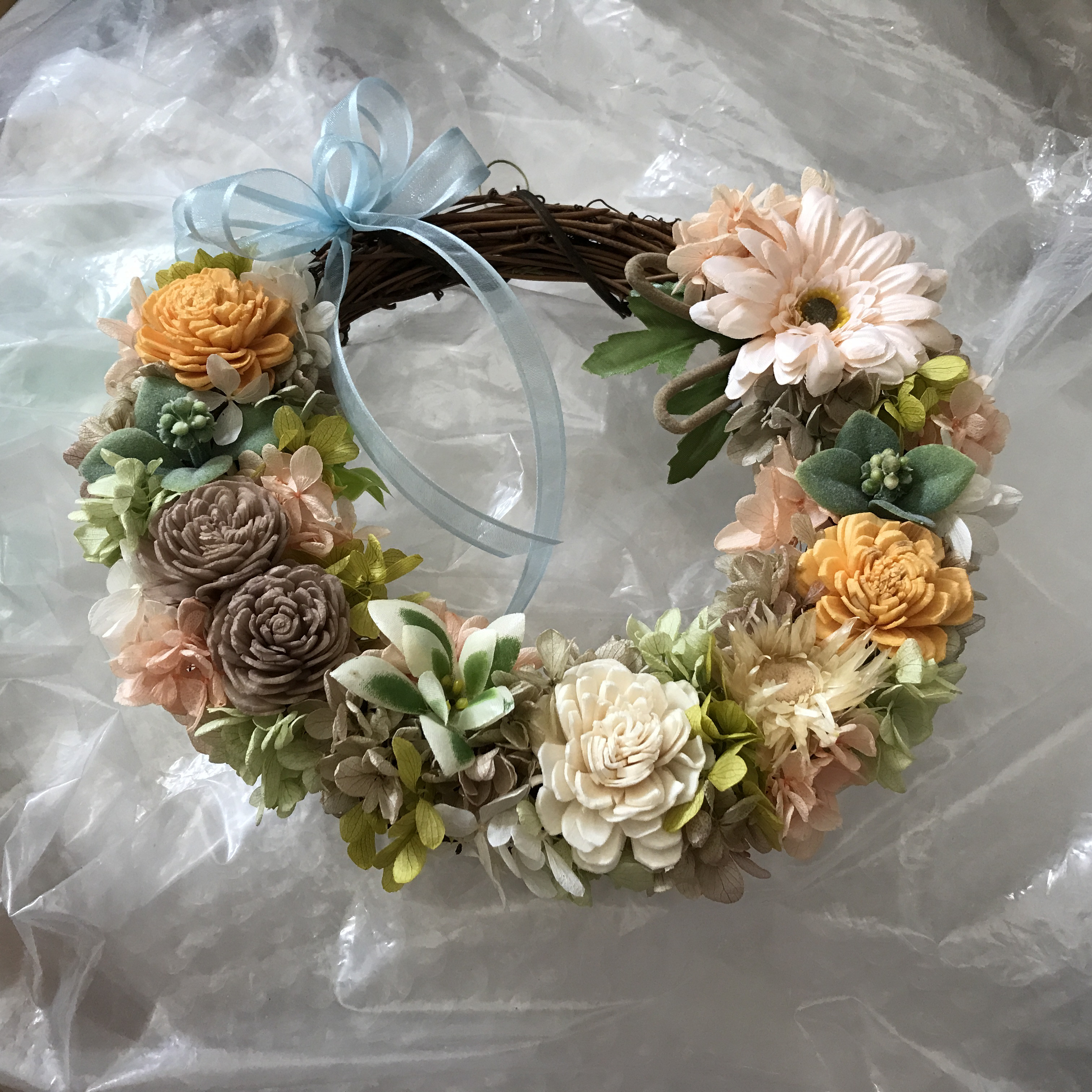 《新作》プリザーブドアジサイとソラローズのニュアンスリース（受注制作）