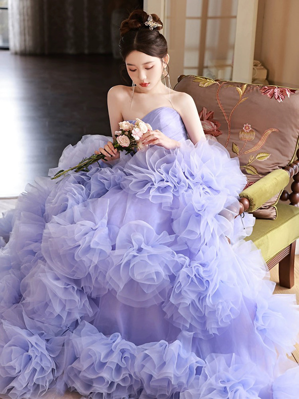 パフスリーブ パープル チュールドレス カラードレス 二次会 前撮り  