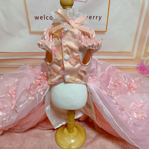 犬猫うさちゃん服 ピンク色♡花花ロングドレス ペット服 犬猫うさちゃん服 ピンク色♡花花ロングドレス ペット服