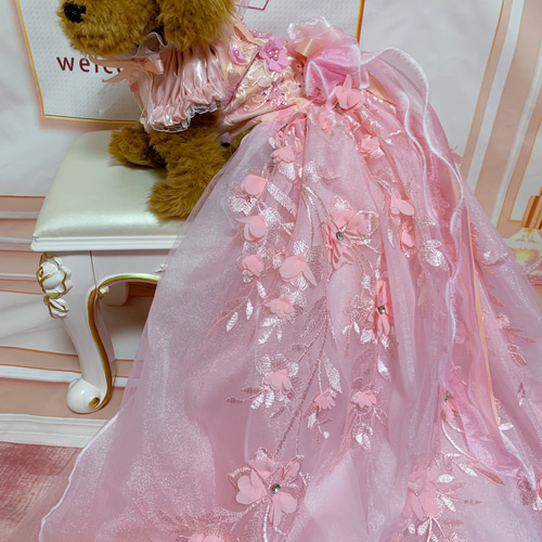 犬猫うさちゃん服 ピンク色♡花花ロングドレス ペット服