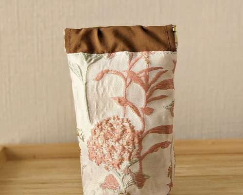 バネ口ポーチ 【ピンクケイトウ(ジャガード生地)×ライトブラウン