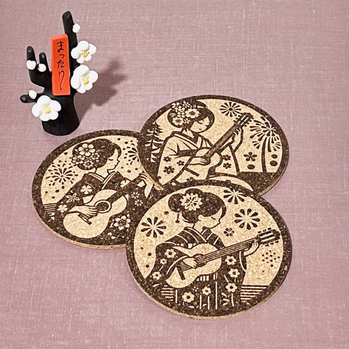 ギター&花火デザインコースター3枚セット】オリジナル、コルク