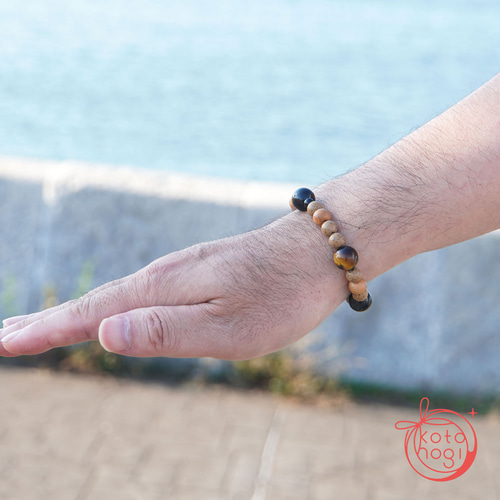 お守り ブレスレット＊天然石 北投石 イエローブルータイガーアイ 楠