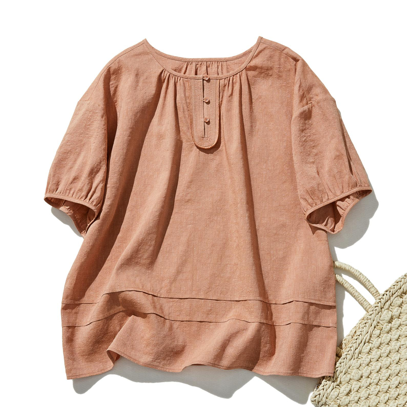 さっと着てサマになるコットンリネンプルオーバー ブラウス　半袖　櫨色　240616-3