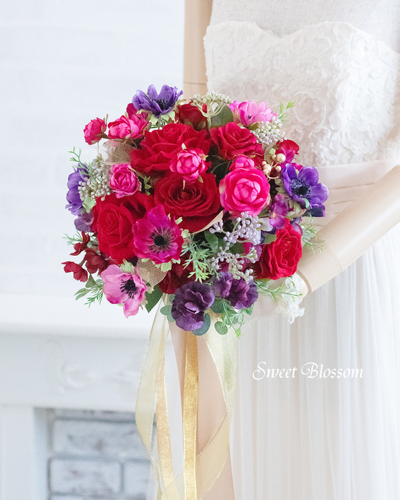 ピンク&赤 ブーケとブートニア ウエディング