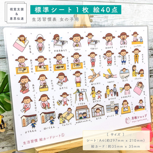 生活習慣表 女の子用 お支度ボード スケジュール表 絵カード40枚分