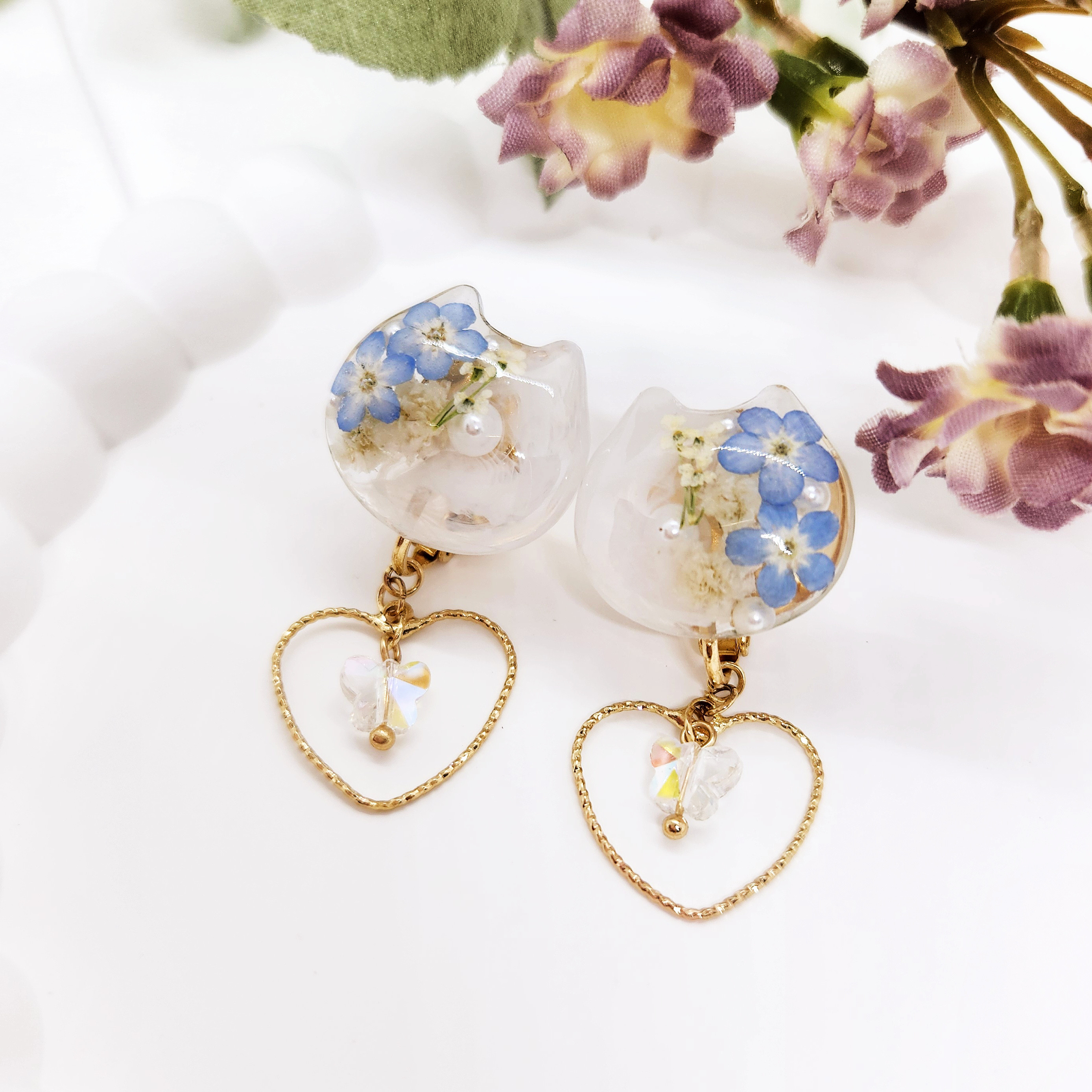 キラキラフラワー黒猫ちゃんハートレジンヘアゴム ハート レジン