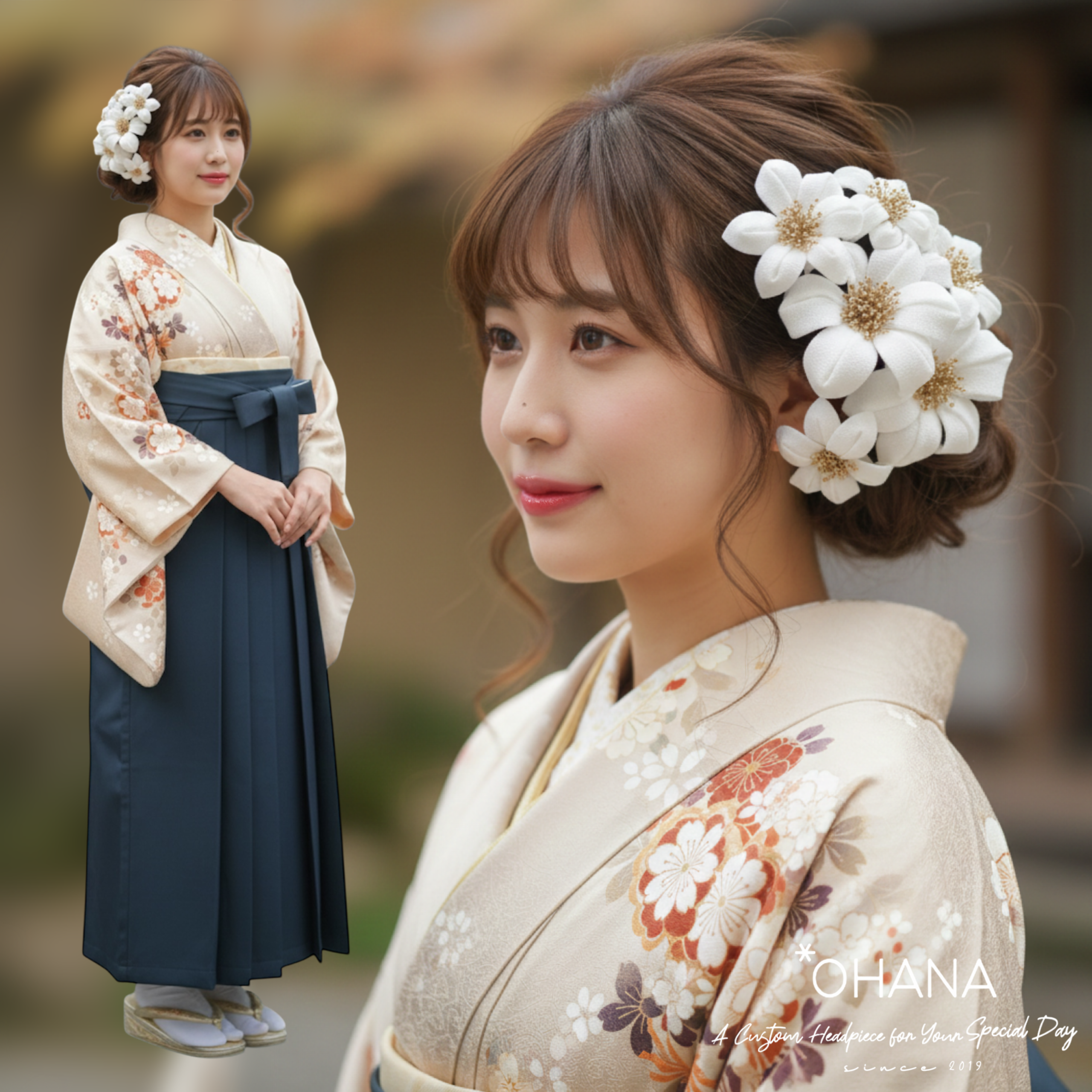 つまみ細工　髪飾り「純白x金」成人式　結婚式　卒業式　ウェディング　和装　白無垢　振袖　袴　ちりめん　OHANA