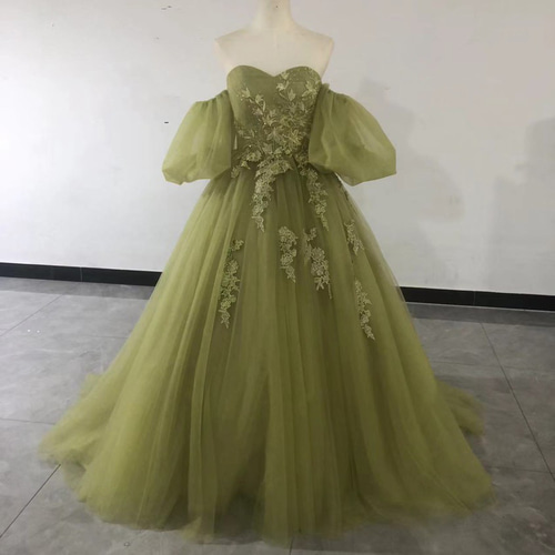 送料無料！グリーンカラードレス 3D立体レース刺繍 ソフトチュール 黄