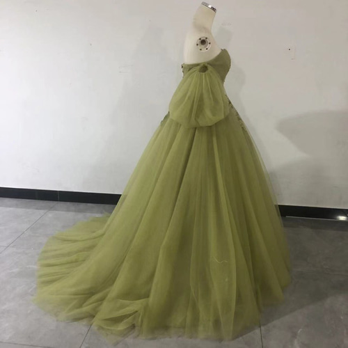 送料無料！グリーンカラードレス 3D立体レース刺繍 ソフト