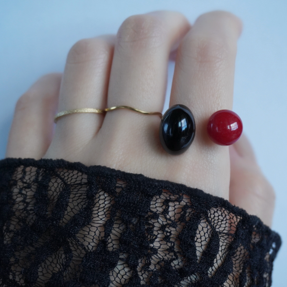 世界に一つだけの天然石／フォークリング／レッドアゲート×オニキス／指輪／送料無料