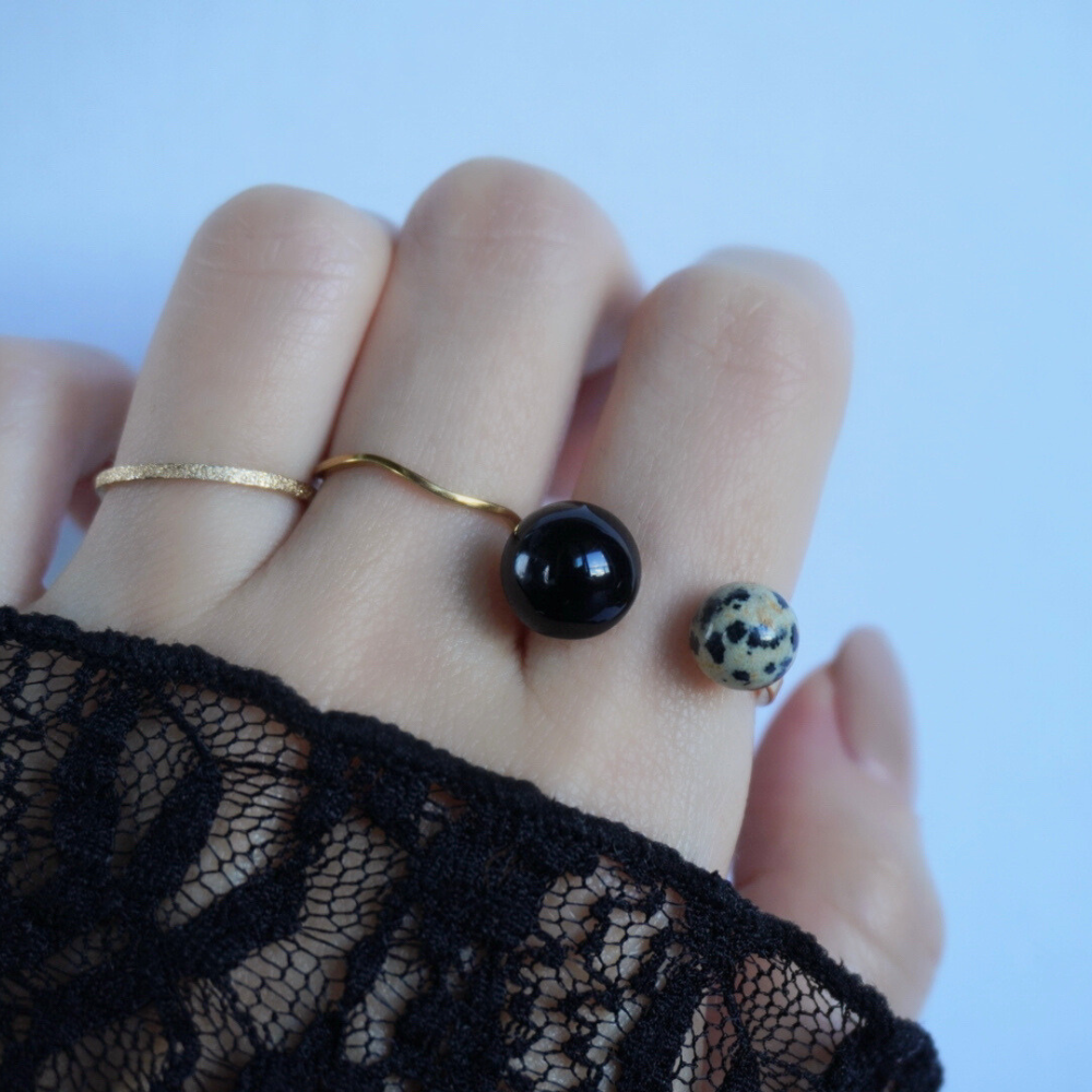 【モノトーン】世界に一つだけの天然石／フォークリング／ダルメシアンジャスパー×オニキス／指輪／送料無料