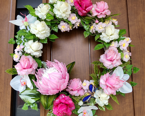 フラワーリース♡薔薇♡胡蝶蘭♡つるバラ♡キングプロテア