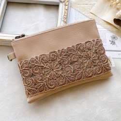 ポーチ　インド刺繍リボン　ハンドメイド　　　モカ　② インド刺繍リボン】ハンドメイド ポーチ ファスナー ポーチ うり