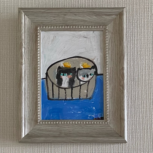 絵画。原画【樽でお風呂に入っている猫ちゃん2匹】 絵画 アカザ