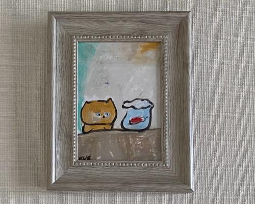 絵画 。手描き【水槽の中のきれいな金魚とかわいい猫たち】