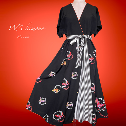 蝶々可愛い パイピング差し色ワンピース 着物リメイク フォーマル  