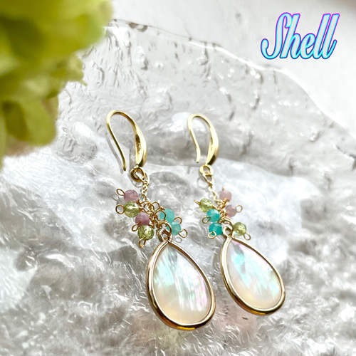 14kgf 宝石質クリソプレーズのピアス 淡水パールとスワロフスキー