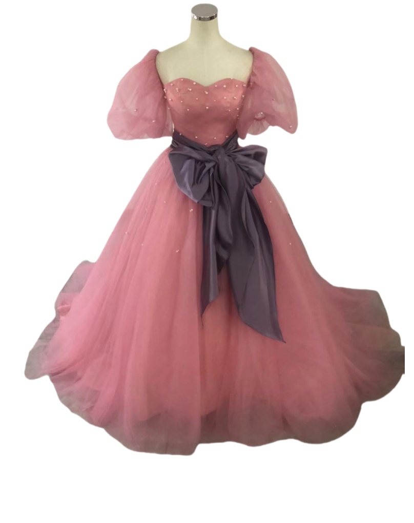 可愛い (๑＞ڡ＜)✿ カラードレス ピンク 上質オーガンジー サッシュベルト ふわふわ袖 パール 前撮り