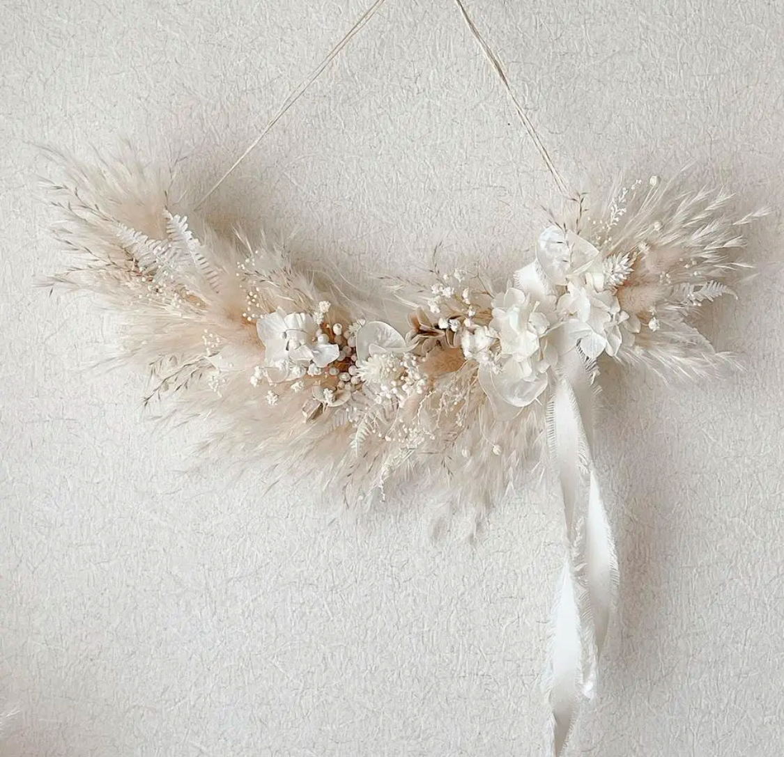 リーフとホワイトの小花 ドライフラワー横長スワッグ リーフとホワイト