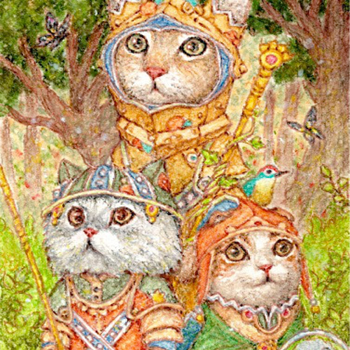 原画】『南の森を探索する猫たち』（動物画絵画パステル画）