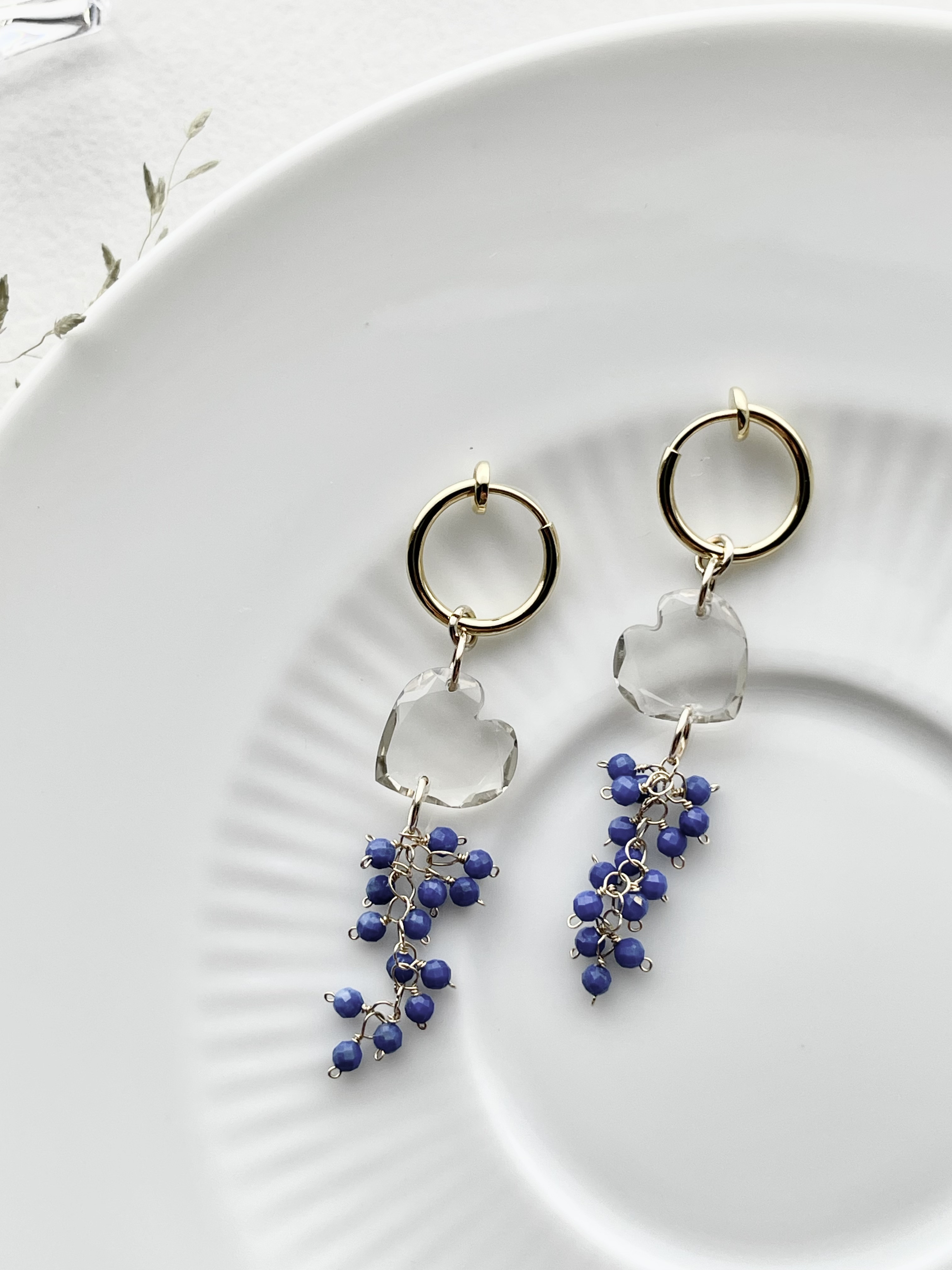 ピアス　イヤリング　クリア　透明感あるハート　ブラックスピネル　ラピスラズリ　天然石　14kgf