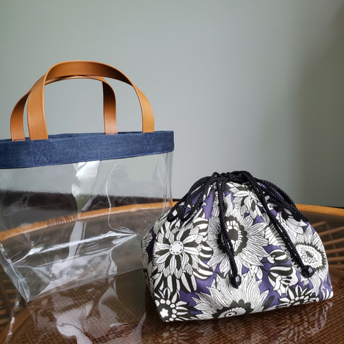 クリアバッグ○トートバッグ○巾着付き○アジアンフラワー柄巾着