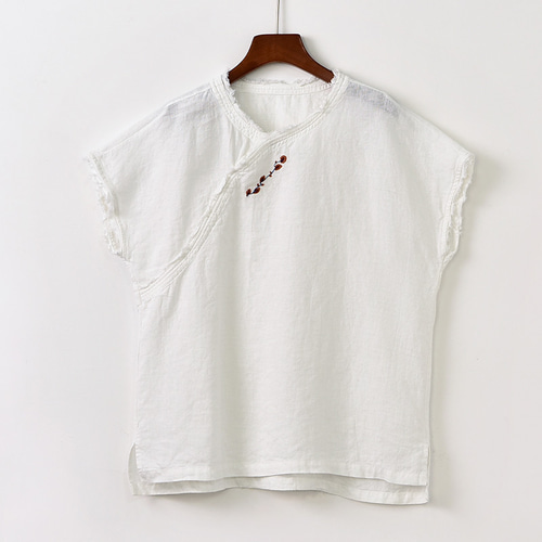 襟に刺繍リネンTシャツ リネンTシャツ 3色 フリーサイズ L406