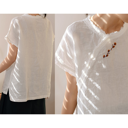 襟に刺繍リネンTシャツ リネンTシャツ 3色 フリーサイズ L406