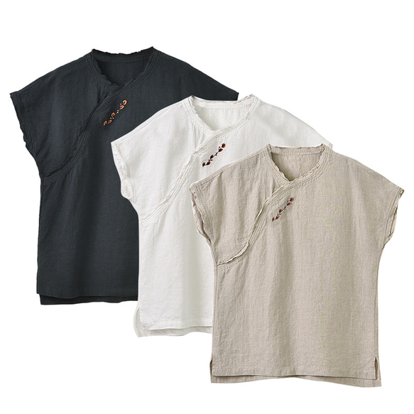 襟に刺繍リネンTシャツ リネンTシャツ 3色 フリーサイズ L406 シャツ