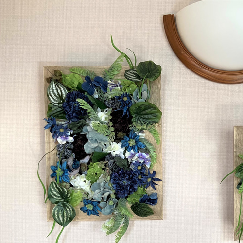 絵画風デニムの花のウッドフレーム壁掛けの花 送料込み (商品番号393