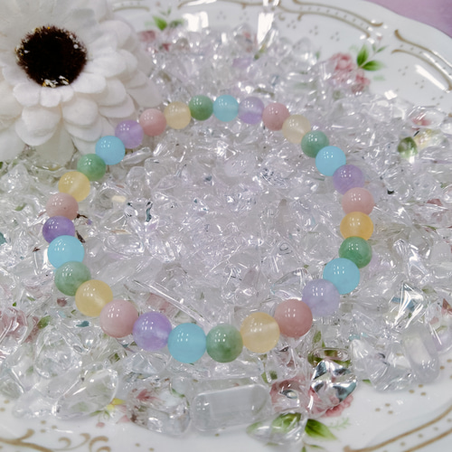 №268 カラフルでキュート 虹のブレスレット ビルマ産翡翠 ピンク