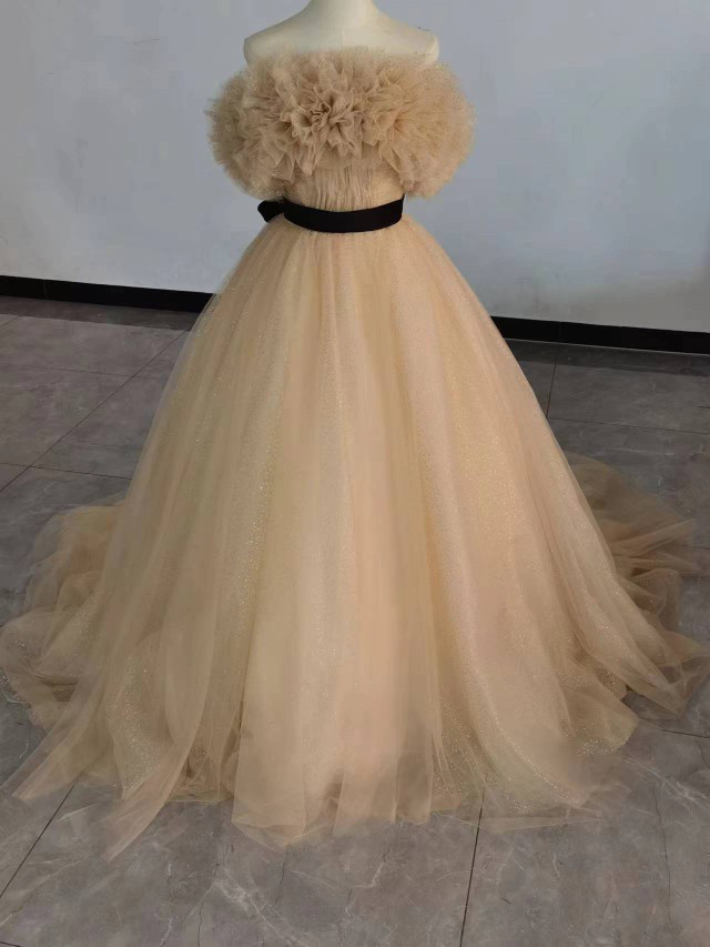 カラードレスシャンパン色 ソフトチュール ロングトレーン 取り外しオフショルダー 結婚式/披露宴 二次会