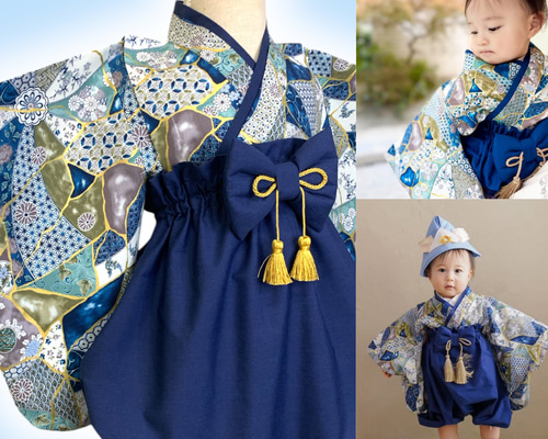 大人気1着のみ再販【金継ぎ和柄】ハンドメイド ベビー袴 お食い初め お