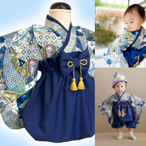 大人気1着のみ再販【金継ぎ和柄】ハンドメイド ベビー袴 お食い初め お