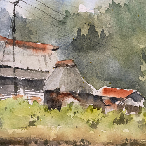 210）原画 水彩画 風景画 荻ノ島かやぶきの里（新潟県） 絵画