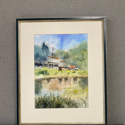 210）原画 水彩画 風景画 荻ノ島かやぶきの里（新潟県） 絵画