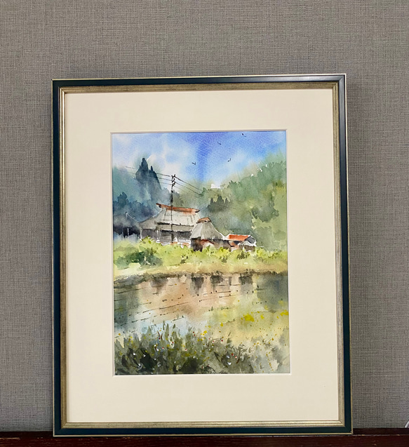 淡い幻想きのこの水彩(原画) 210）原画 水彩画 風景画 荻ノ島かやぶきの里（新潟県） 絵画