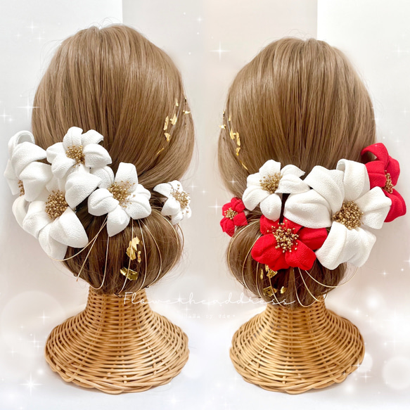 つまみ細工 髪飾り「白x赤」成人式 結婚式 卒業式 ウェディング 和装  
