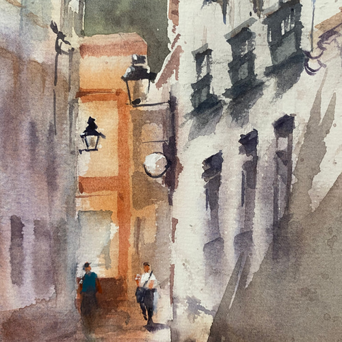 212）原画 水彩画 風景画 イタリアの小さな街 絵画 マグリット