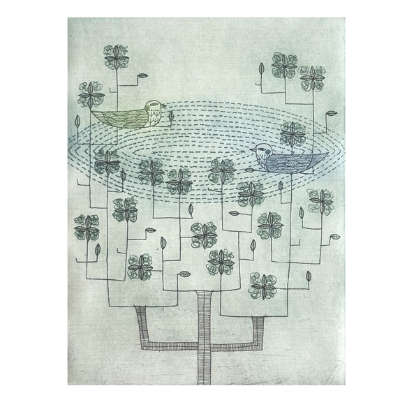 銅版画作品「泉のほとり、やすらぐ音色」singing ver. フレーム入り 7枚目の画像