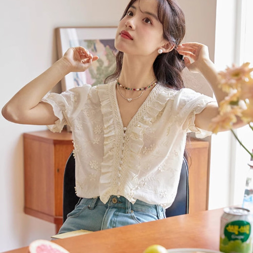 半袖フリルブラウス axes femme POETIQUE ブラウス シャツ リボンフリル半袖ブラウス