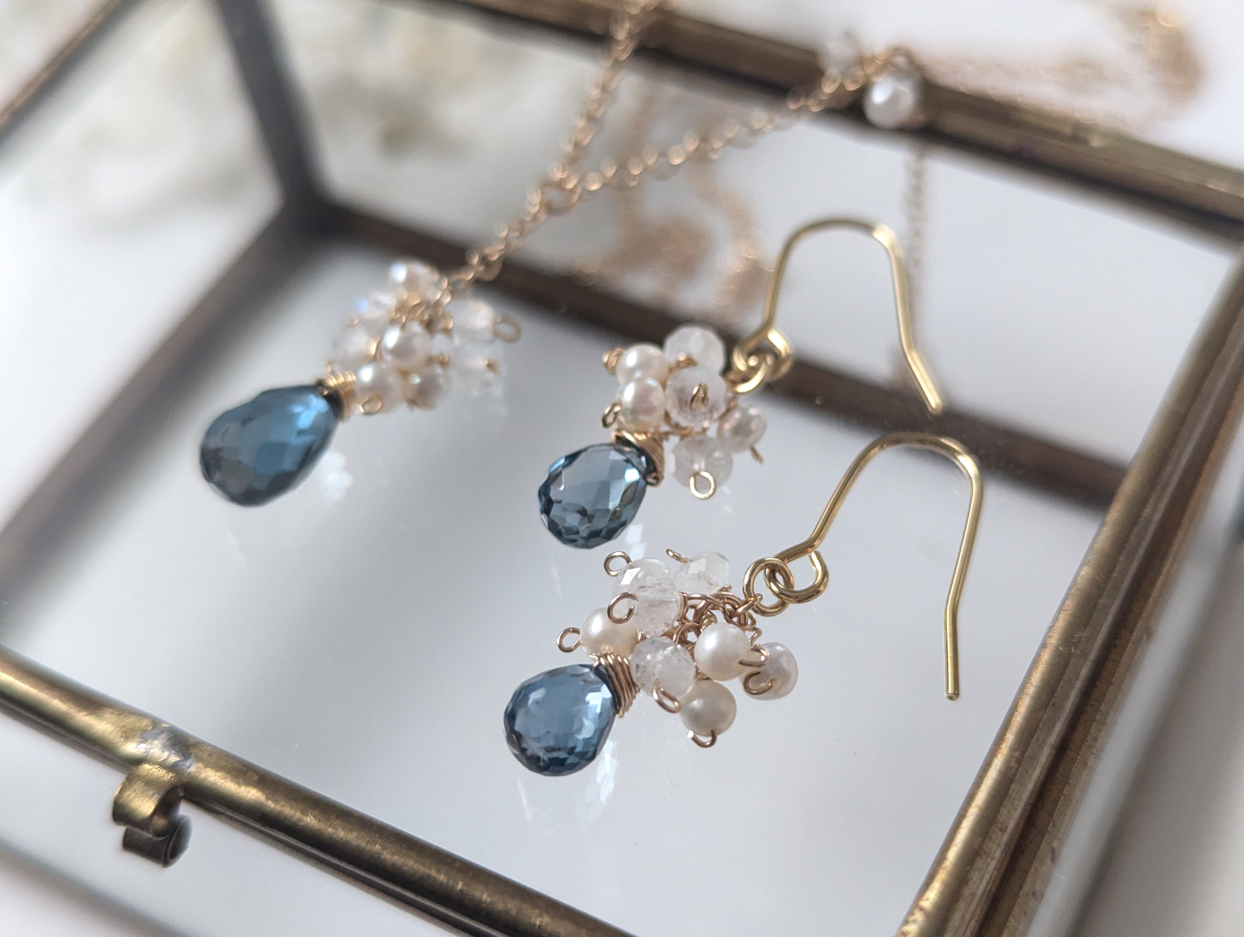 Creema限定 福袋14kgf ロンドンブルートパーズネックレス、ピアスセット☆淡水パール、ムーンストーン