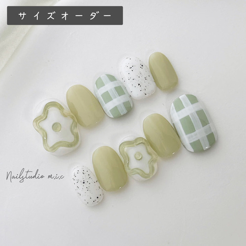 ネイルチップ サイズオーダー 韓国 ポップ ぷっくり くすみグリーン  